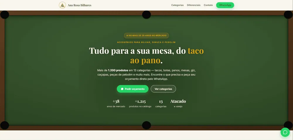 Landing page de bilhar, pebolim, jogos e acessórios